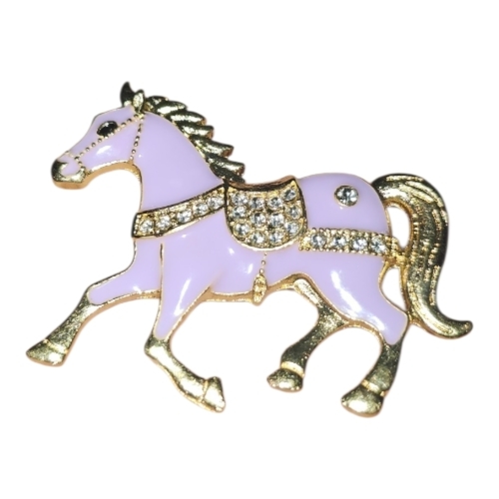 Vintage Style Lavender Enamel & Rhinestone Horse Brooch – Gold Tone New